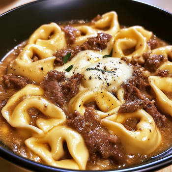 Cheesesteak Tortellini in Rich Provolone Sauce Creamy & Savory Pasta Dish