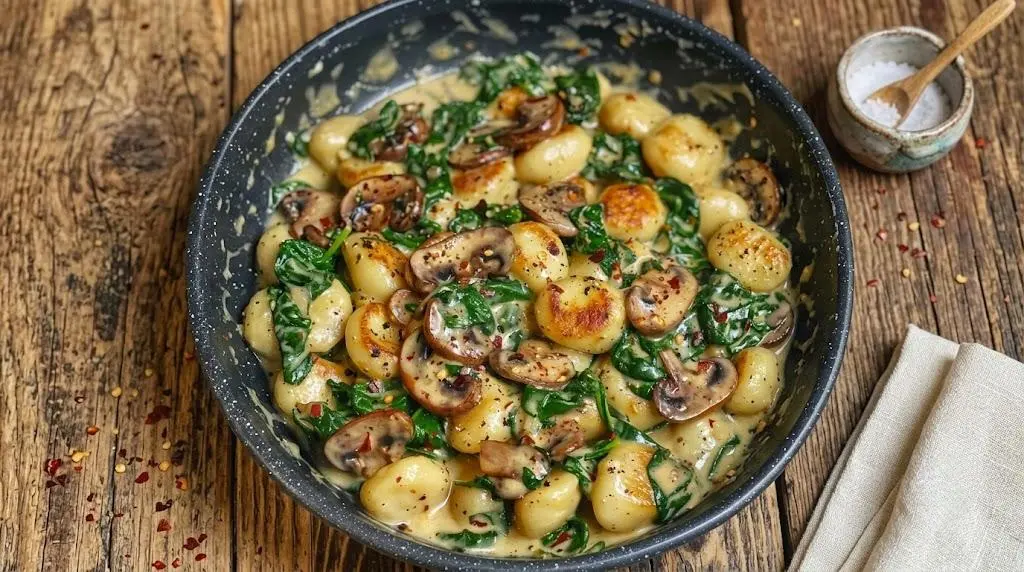 Spinach and Mushroom Gnocchi in Creamy Garlic